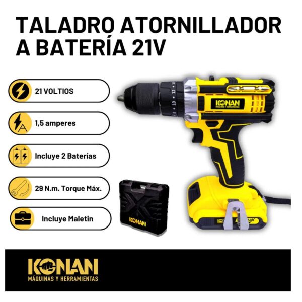 Konan Taladro Atornillador Percutor Inalámbrico 21v 13mm 2 Baterías - Imagen 2