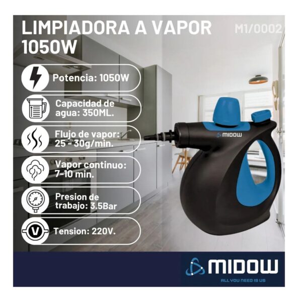 Midow Limpiadora a Vapor 1050w con Accesorios - Imagen 2