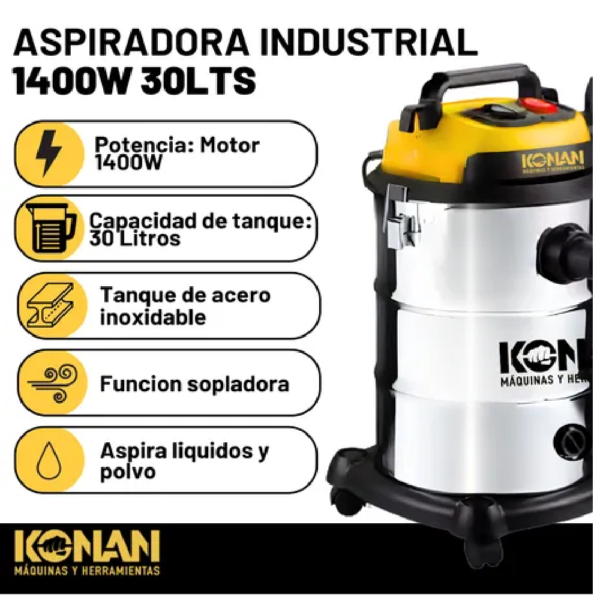 Konan Aspiradora Sopladora 30 Lts Tacho Acero Inoxidable - Imagen 2