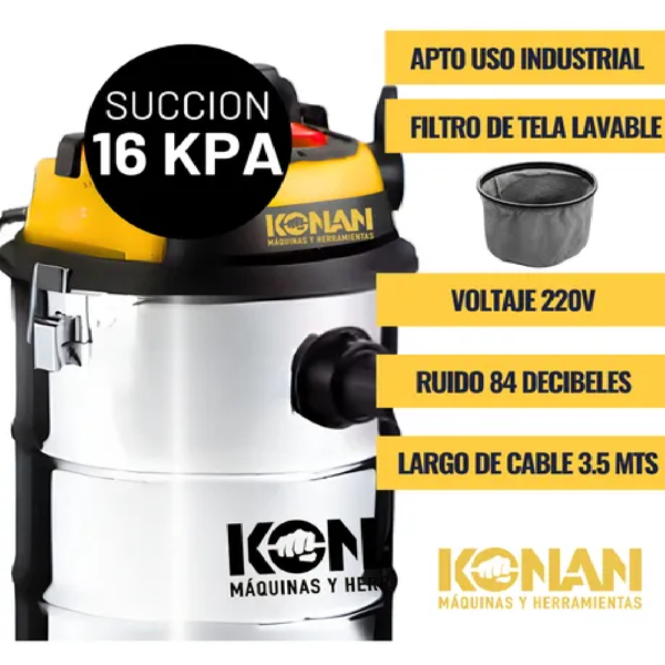 Konan Aspiradora Sopladora 30 Lts Tacho Acero Inoxidable - Imagen 3