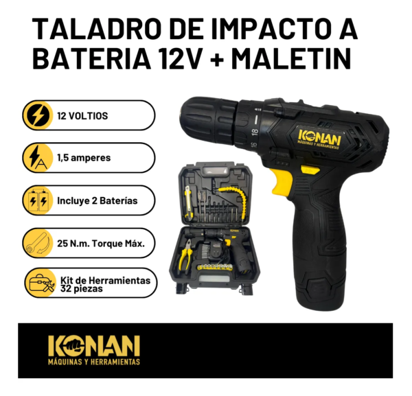 Konan Set Taladro a Batería 12v con Herramientas y Accesorios - Imagen 3