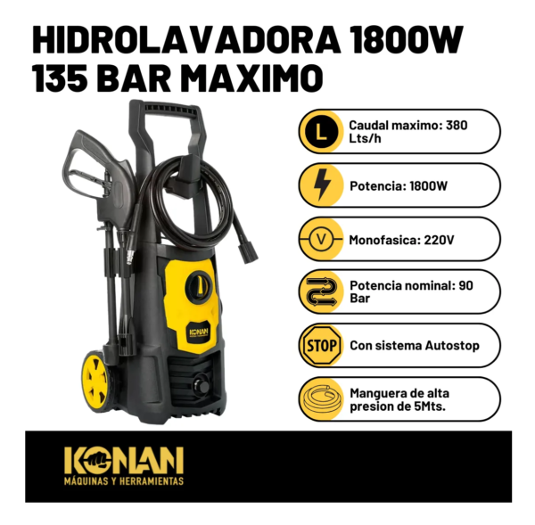 Konan Hidrolavadora 1800W 135 Bar - Imagen 3