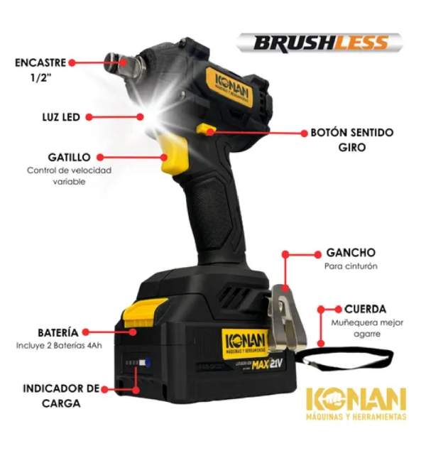 Konan Llave de Impacto 1/2 21v + 2 Baterias - Imagen 3